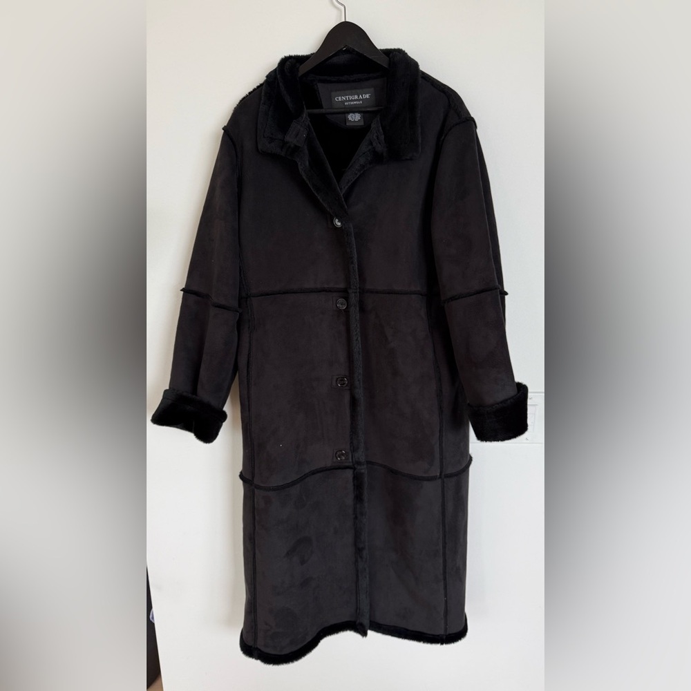 Vintage Faux Suede Fur Lined Penny Lane Black Trench Coat sz M
